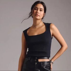 MAEVE Square-Neck Black Ribbed Capsule Staple Feminine Tank Top Size L